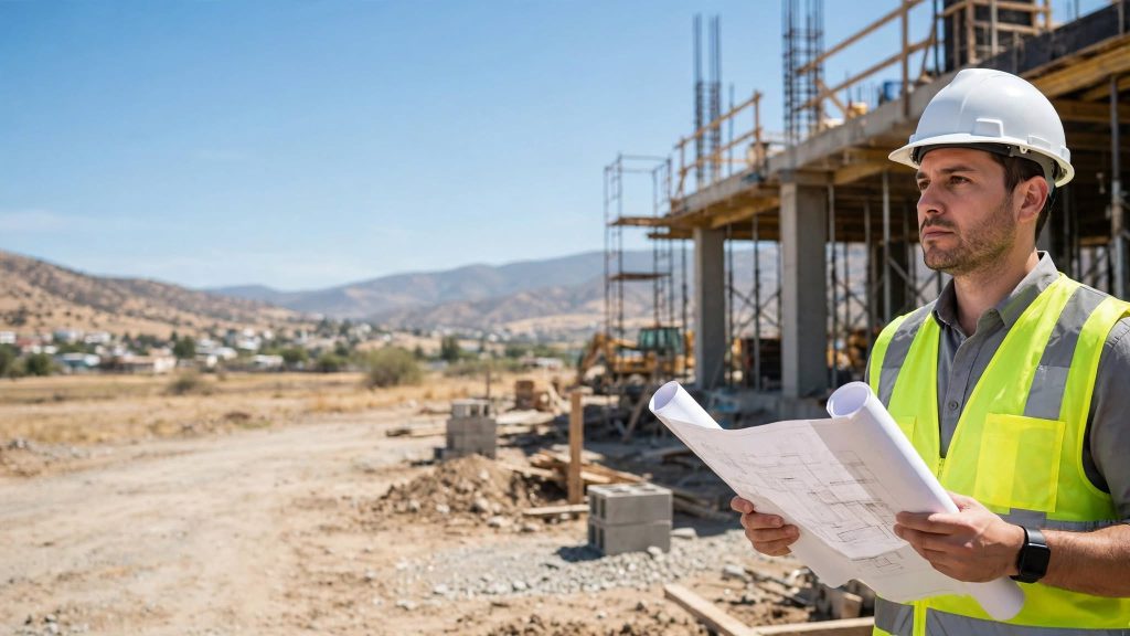 Empleo Ingeniero Civil en Luis Moya, Zacatecas: ingeniero con casco y planos en obra de construcción