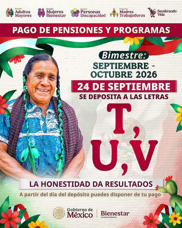 Calendario de pago Bienestar 24 de septiembre 2026, letras T, U, V