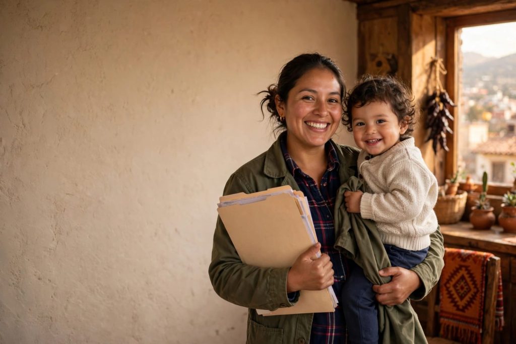 Madre trabajadora de Zacatecas con su hijo y documentos para el registro al programa del Bienestar