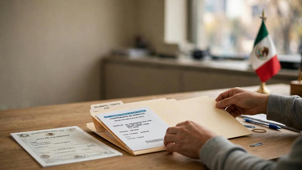 Persona revisando documentos para sacar la credencial INE en Zacatecas: acta de nacimiento y comprobante de domicilio