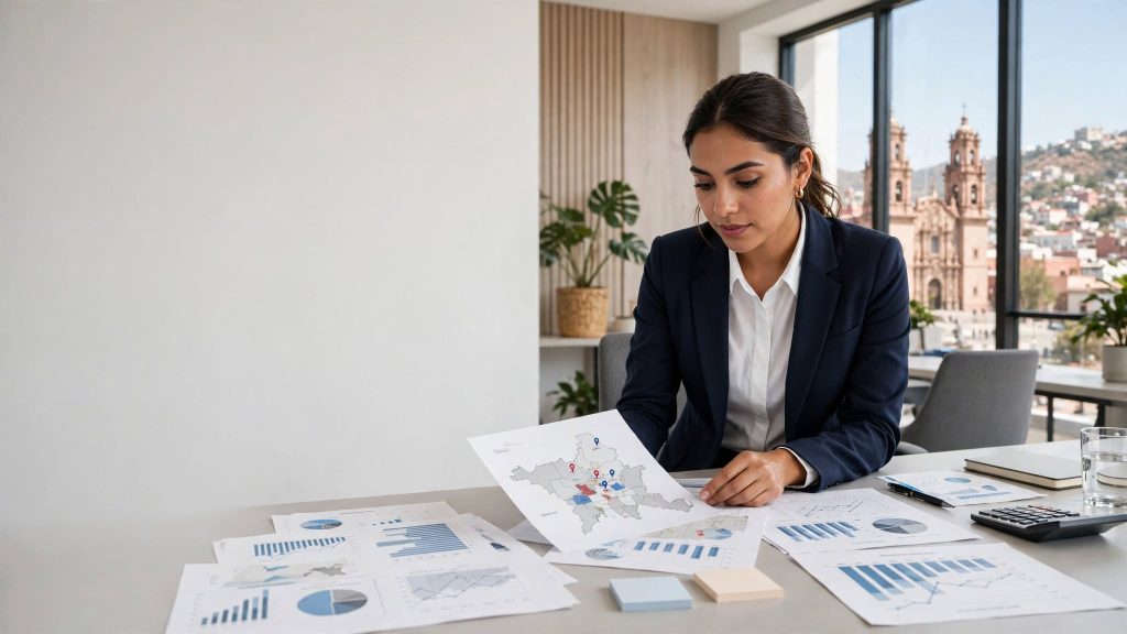 Empleo Jefe de Expansión Grupo Salinas en Zacatecas: profesionista revisando mapa de expansión y gráficas de ventas