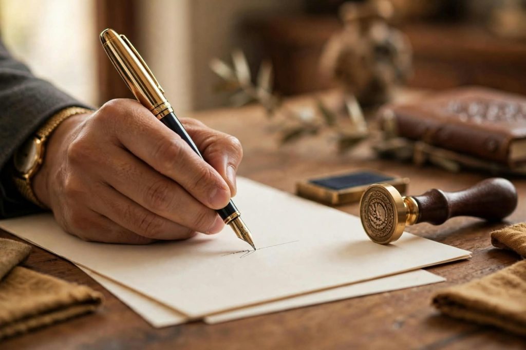 Persona firmando un testamento con pluma junto a un sello notarial